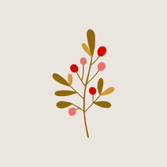 Christmas berry branch floral hand drawn print. Scandinavian cute handcrafted floral motifs, perfect for cozy Xmas greeting cards, invitations, posters, scrapbooks.