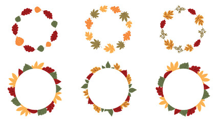 A set of autumn wreaths made of colorful seasonal leaves in warm autumn tones. Flat vector design for invitations, greeting cards, posters, social networks. Autumn, Thanksgiving Day