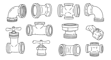 Set of plumbing pipes fittings and valves illustration. Piping equipment, home renovation, construction, plumbing, repair, hardware, installation, maintenance, tools