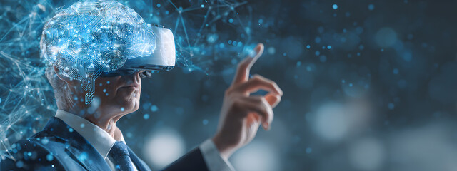Businessman using hologram smart VR headset interactie with AI artificial inteligence brain processor on ata network, Machine learnng, AI chatbot, big data ad to use generative AI forbusiness