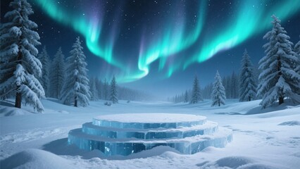 Stunning northern lights glowing over icy stage snowy pine trees magical winter forest landscape fantasy concept