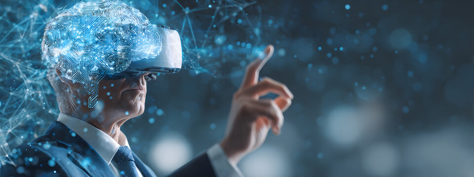Businessman using hologram smart VR headset interactie with AI artificial inteligence brain processor on ata network, Machine learnng, AI chatbot, big data ad to use generative AI forbusiness