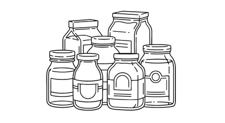 Outline drawing of stacked containers and jars. Food storage, pantry, kitchen organization, canning, grocery shopping, reusable, zero waste, minimalist design