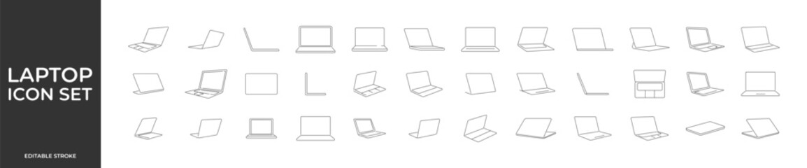 Laptop outline icon set. Vector illustration. Editable stroke