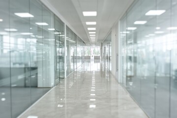 Empty modern office hallway with glass walls