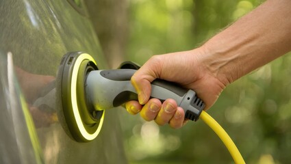 Person Charging Electric Vehicle Outdoors with Glowing Connector Ring