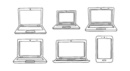 Line art shows laptops and smartphone. Technology devices, computer gadgets, mobile phone, connectivity, communication, digital, electronics, devices, information, gadgets