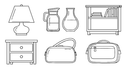 Line art shows furniture and bags. Interior decor, home goods, storage, simple design, outline, minimalist, drawing, sketch, modern, vector, illustration.