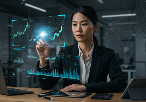 Asian businesswoman interacts with a holographic display showing stock market data, charts, and financial information in a modern office setting. - Powered by Adobe