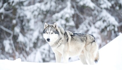 Obraz premium Majestic wolf stands proud amidst a snowy winter landscape, showcasing a captivating blend of gray and white fur.