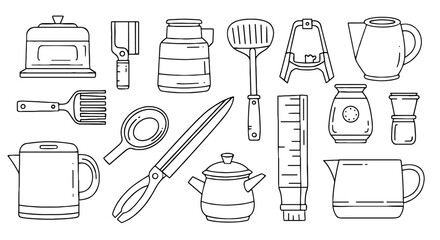 Kitchen tools set in line art. Cooking utensils, kitchenware, kitchen equipment, culinary, cooking, food preparation, gastronomy, home, chef
