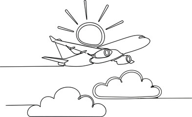 Single line airplane flying above clouds with sun isolated on white background