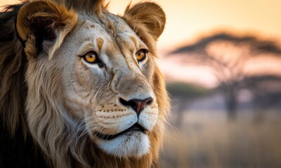 Fototapeta premium Close-up lion portrait at sunrise