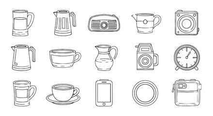 Collection of kitchen items outlined. Line art icons, tools, electronics, household, gadgets