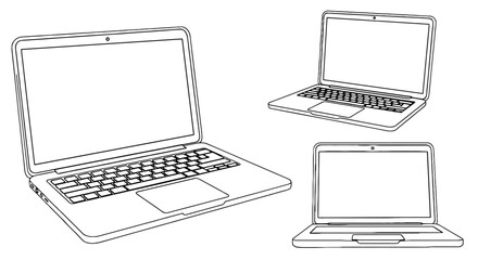 Laptops shown in outlined illustration. Computer devices, digital technology, networking, information, wireless, personal device, communication, portability, work