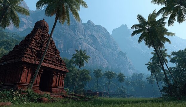 Ancient temple nestled in a lush valley, amidst towering mountains.  Palm trees frame the scene