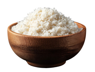 Close-up view of a wooden bowl filled with freshly cooked white rice isolated on black background