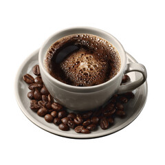 Fototapeta premium Close-up view of a white cup filled with black coffee surrounded by roasted coffee beans on a saucer