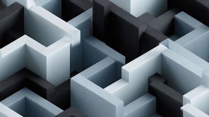 Abstract 3D rendering of an intricate maze-like structure composed of light and dark gray, textured, geometric blocks forming a complex, interwoven pattern