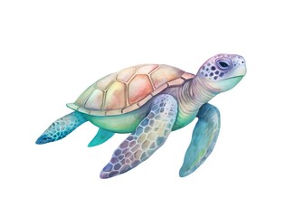 Watercolor Sea Turtle Swimming with Coral and Bubbles