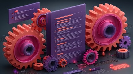Colorful gears and data visualizations illustrate a complex system with vibrant hues and intricate geometric shapes.