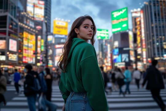 Young woman in green hoodie at night in city neon lights. Neural network AI generated