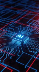 Glowing ai chip on a futuristic circuit board with blue and red lights