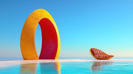 Obraz premium Abstract summer scene with large yellow and red fruit shaped structures near a calm blue water. Bright, vibrant colors and smooth shapes create a