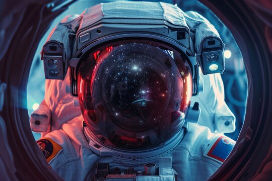 Portrait of Astronaut Posing in a Space Suit During a Spacewalk Mission on a Spaceship. Neural network ai generated