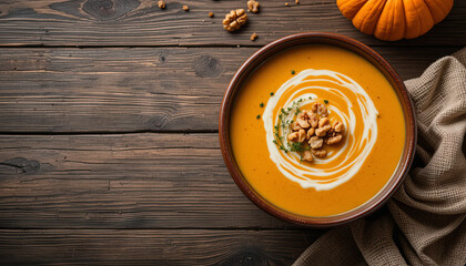 Delicious pumpkin soup features a creamy swirl and walnut garnish, placed in a rustic bowl on a wooden table. An autumn pumpkin adds seasonal charm to the setting