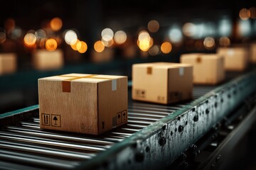 Cardboard boxes on conveyor belt in factory