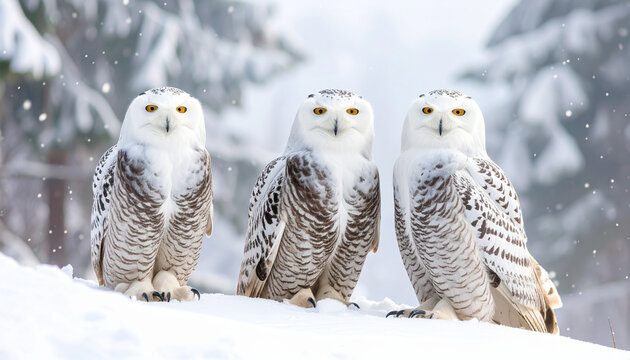 Snowy owl wildlife winter snow white feather nature awareness campaign forest cold three snowy owls with striking yellow eyes perched snowy ground serene winter forest evoking calm and wonder - Powered by Adobe