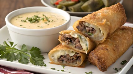 Crispy Classic Beef Philly Cheesesteak Egg Rolls Stuffed With Savory Beef, Caramelized Onions, And Melted Cheese, Served With Creamy Cheese Dip For A Flavorful Fusion Snack