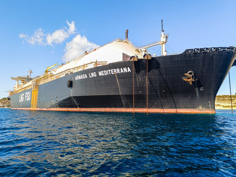 Marsaxlokk MALTA - August 5, 2025 - Anchored ship of the Armada LNG Mediterrana production tanker of liquefied natural gas