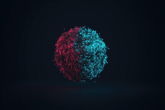 Glowing sphere, half red, half blue, particle effect