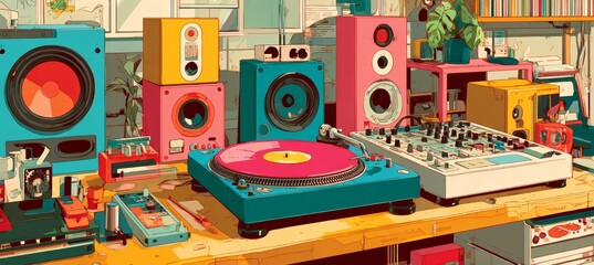 DJ music mixing table and equipment art illustration. Generative AI technology.	
