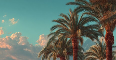 Palm trees against a pastel sky at sunset. Lush green palm fronds frame a serene, soft-toned twilight