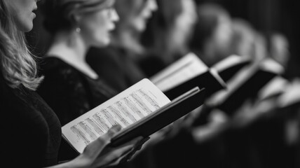 Choir group singing in soft church light. Neural network AI generated