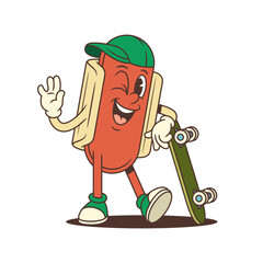 Relaxed hotdog mascot with a skateboard and waving hand gesture gives off a fun, confident, and modern feel. Great for youth branding, street ads, or casual promotions. Vector illustration