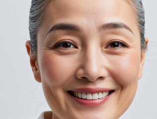 Close-up of smiling senior asian woman with grey hair showing happiness and confidence