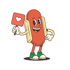 Joyful hotdog mascot with green cap holds emoji heart and raises thumb in positive gesture. Great for online branding, social platforms, or youth content. Vector illustration