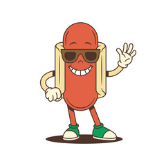 Smiling hotdog mascot with hand on hip and waving radiates confidence and warmth. Great for summer ads, outdoor campaigns, or street food visuals. Vector illustration