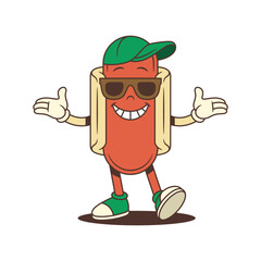Cool hotdog mascot with wide smile, stylish sunglasses, and open arms shares bold and friendly energy. Great for events, street food branding, or fun promotions. Vector illustration