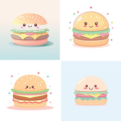 Hamburger pastel kawaii characters combined, bright and soft vector artwork.