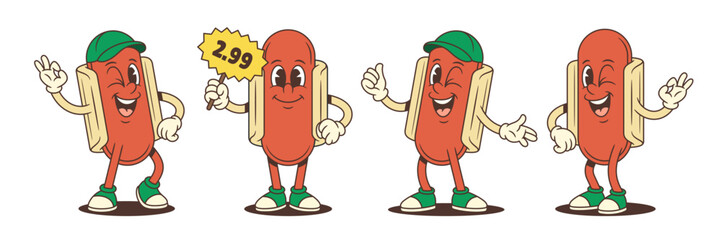Playful hotdog mascots with expressive faces and dynamic hand gestures like thumbs-up, OK, and peace signs. Perfect for food branding, promos, and advertising. Vector illustration