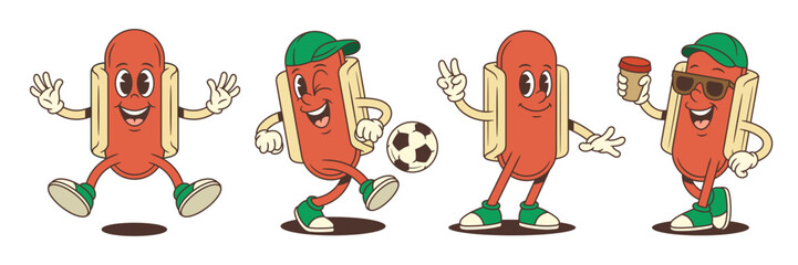 Energetic hotdog mascot in walking, soccer, and chill poses with expressive gestures, thumbs up, and a friendly attitude. Great for food, sports, and fun campaigns. Vector illustration.