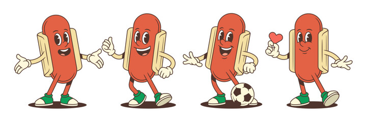 Charming hotdog mascot in sporty, loving, and relaxed poses with heart symbol, soccer ball, thumbs up, and open arms. Perfect for food, lifestyle, and entertainment campaigns. Vector illustration.