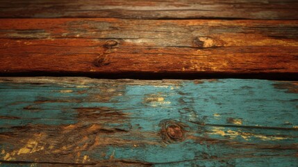 Fototapeta premium The image depicts a close-up view of weathered, painted wooden planks