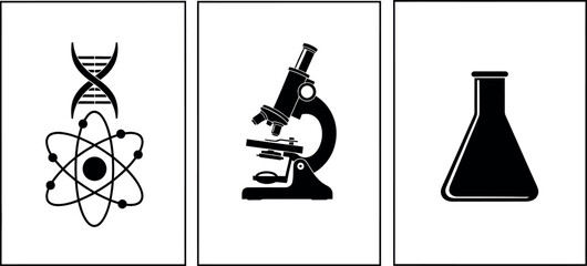 Vector science laboratory equipment and icons, DNA, molecule, microscope, and chemical flask. Scientific research and education illustration.