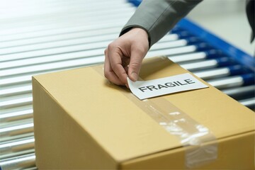worker place fragile label on cardboard box on conveyor belt